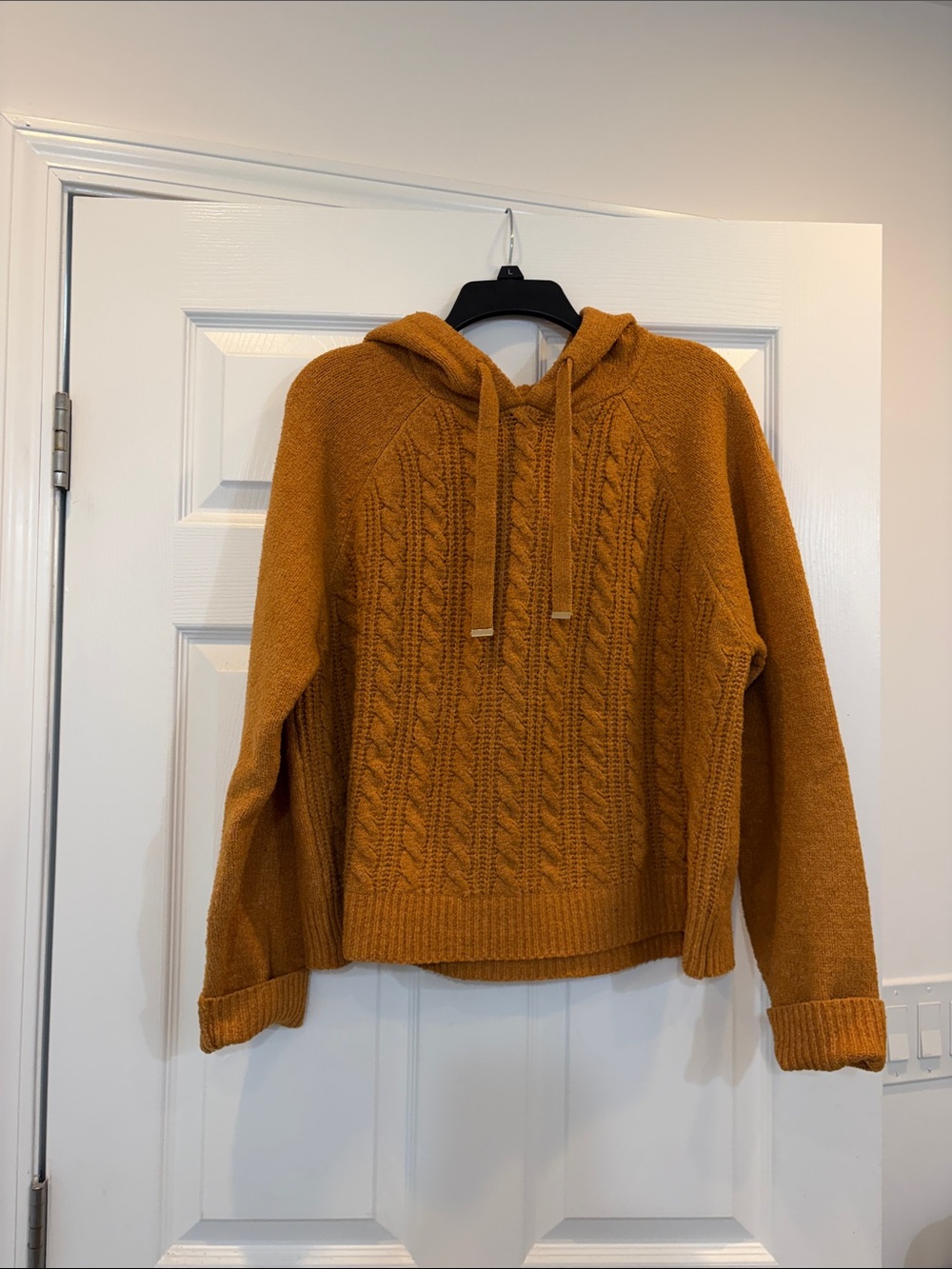 Cozy Mustard Cable Knit Hoodie with gold accent on strings